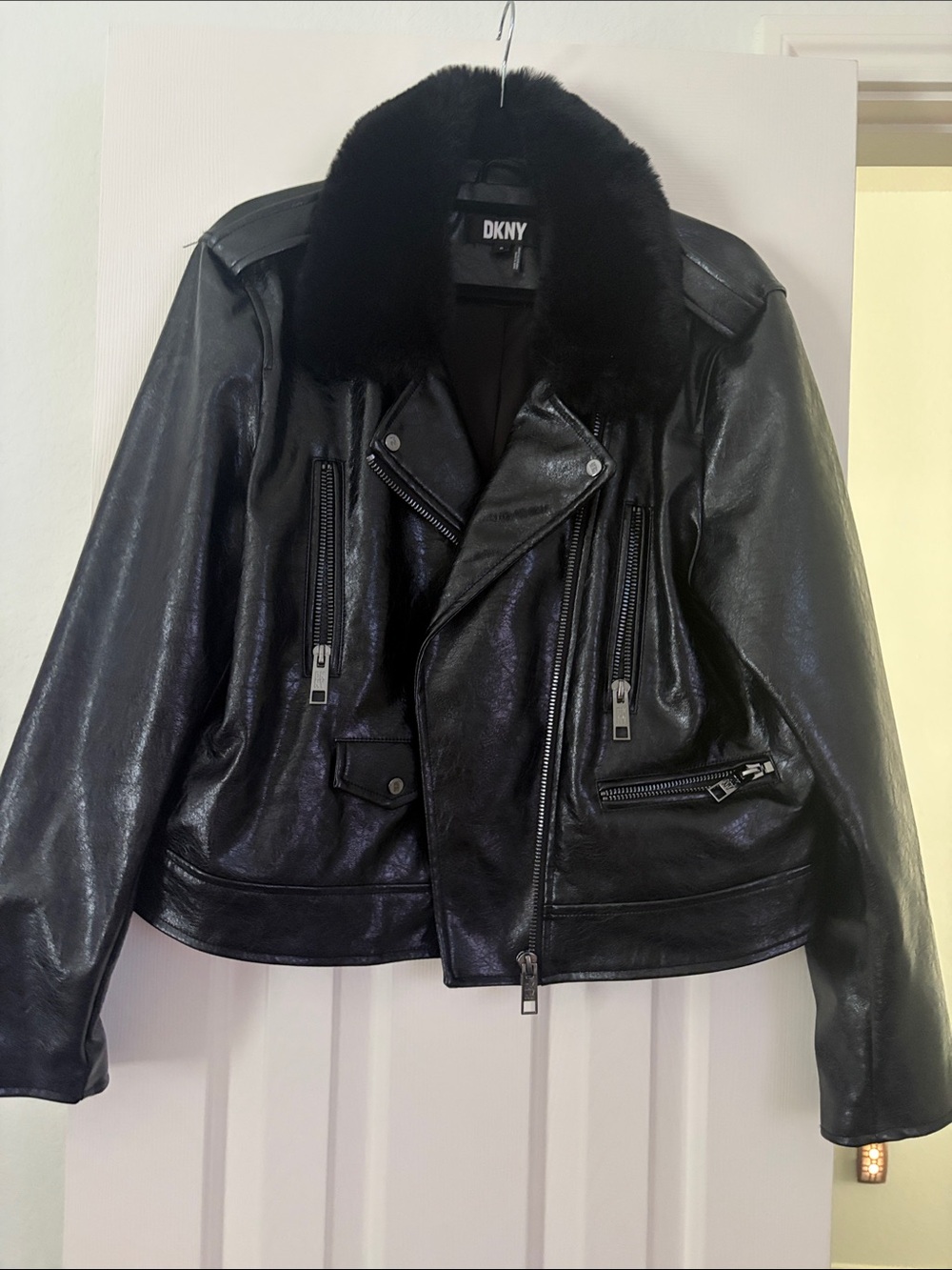 DKNY Black Faux Leather Moto Jacket with Plush Collar